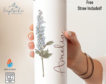 Personalized Birth Flower Skinny Tumbler W/ Name - Custom Colored Birth Flower Gift - Bridesmaid Proposal - Gift for Her - Birth Flower Gift