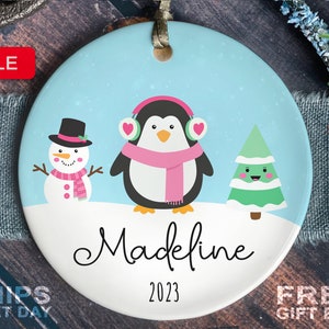 Girls Christmas Ornament - Personalized Penguin Christmas Ornament - Custom Kids Unicorn Ornament