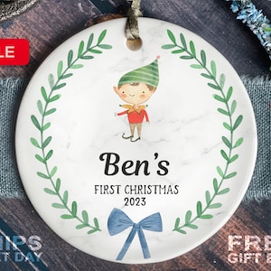 Baby&#39;s First Christmas Ornament - Personalized First Christmas Elf Ornament - Custom Baby Name Christmas Ornament - Baby Boy Elf Ornament