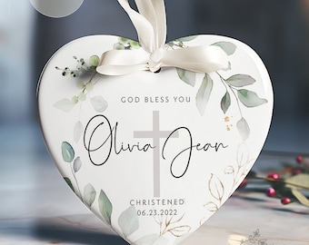 Personalized God Bless Christening Ornament - Name + Date Custom Baptism Ornament - Green Botanical Christened Ornament Keepsake