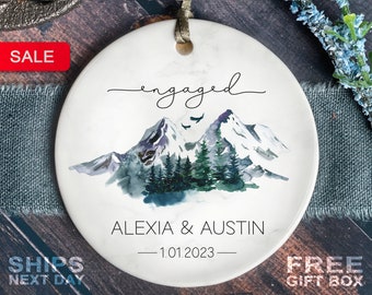 Engaged Christmas Ornament - Personalized First Christmas Engaged Ceramic- Custom Mountains Engagement Keepsake  - First Christmas together