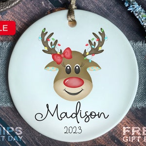 Girls Christmas Ornament - Personalized Reindeer Christmas Ornament - Custom Kids Christmas Ornament