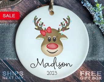 Girls Christmas Ornament - Personalized Reindeer Christmas Ornament - Custom Kids Christmas Ornament