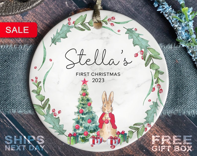 Personalised Baby's First Christmas Ornament Personalized First Christmas Peter Rabbit Decoration image 1