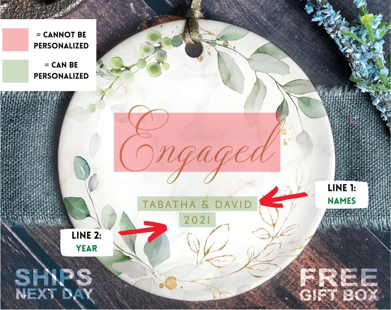 Engaged Christmas Ornament Custom Engagement Keepsake Personalized First Christmas Engaged Classic Engaged Ceramic Ornament image 3