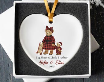 Plaid Bear Sibling Ornament | Personalized Brothers Sisters Gift | Custom Family Names | Family Christmas Ornament