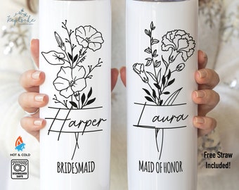 Personalized Birth Flower Skinny Tumbler with Name - Bachelorette Party Favor - Bridesmaid Proposal Tumbler with Straw - Bridal Party Gift