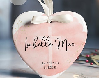 Personalized Baptism Ornament - Name + Date Custom Baptized Ornament - Pink Watercolor Christened Ornament Keepsake