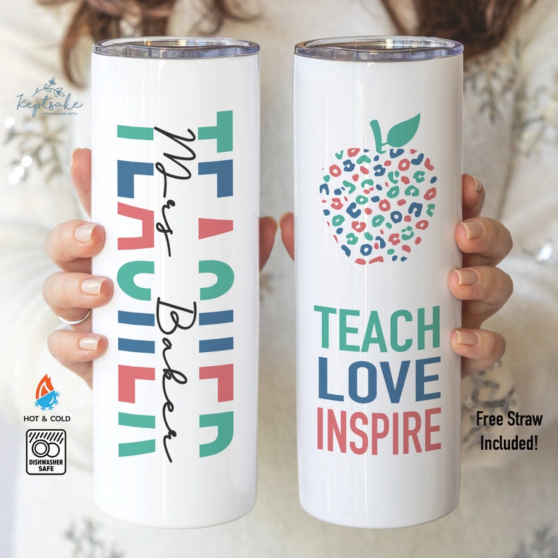 Teacher Gift Personalized Tumbler Gift for Teacher Teach Love Inspire Teacher Gift Teacher Appreciation Gift Teacher Tumbler Teal, Blue & Salmon