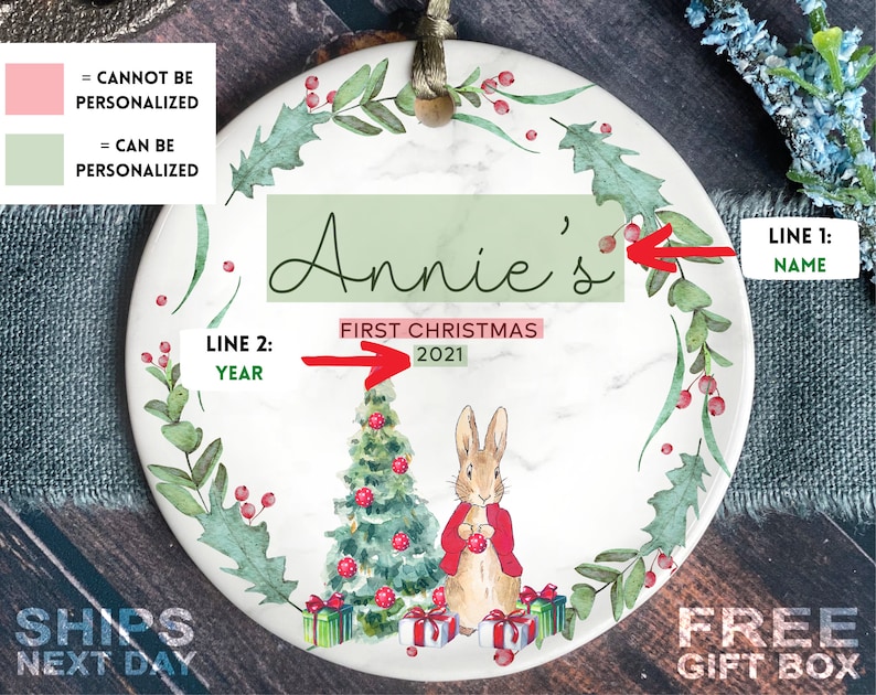 Personalised Baby's First Christmas Ornament Personalized First Christmas Peter Rabbit Decoration image 2