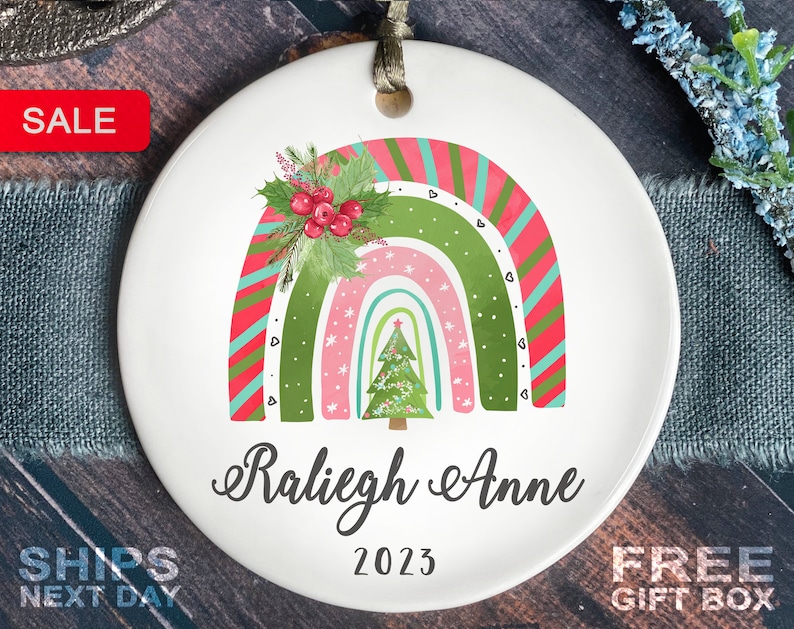 Rainbow Christmas Ornament Personalized Rainbow First Christmas Ornament Custom Girls Rainbow Ornament image 1