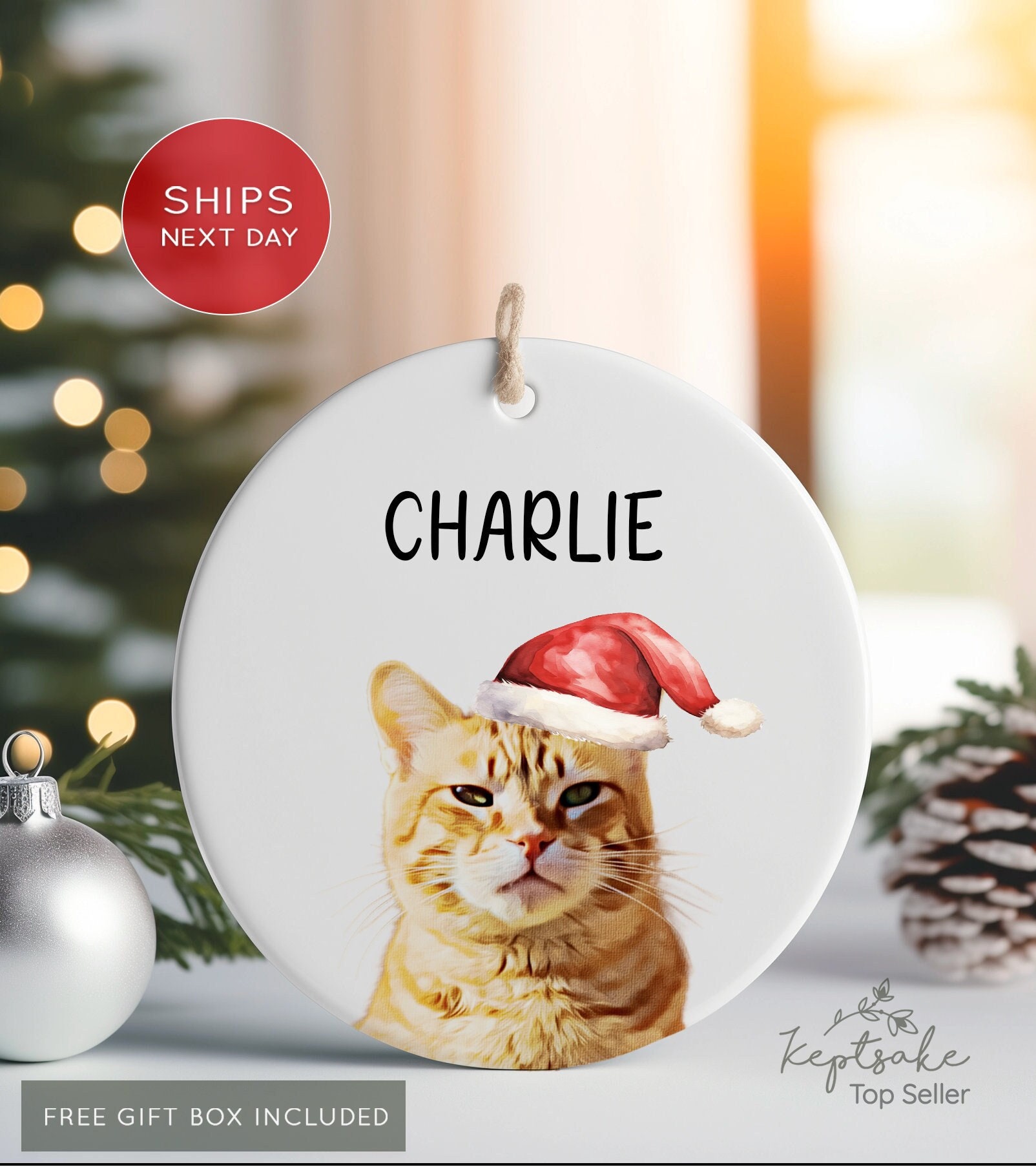 Personalized Cat Ornament Gift for Cat Lovers - Custom Cat Photo Ornament Gift - Watercolor Photo Cat Lover Gift