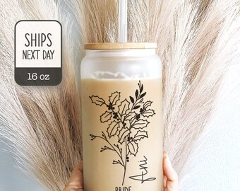 Personalized Bridal Party Tumbler - Personalized Birth Flower Glass Coffee Cup With Name - Gifts for Her - Party Favor - Bride to Be Tumbler