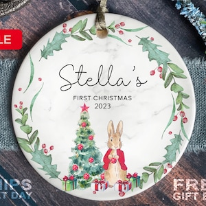 Personalized Baby&#39;s First Christmas Ornament Rabbit - First Christmas Peter Rabbit Ornament - Custom Baby Girl Animal Ornament