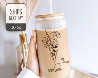 Personalized Bridal Party Tumbler - Personalized Birth Flower Glass Coffee Cup With Name - Gifts for Her - Party Favor - Bridesmaid Tumbler