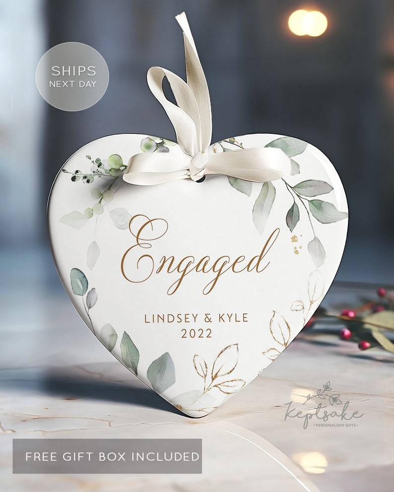 Engaged Christmas Ornament Custom Engagement Keepsake Personalized First Christmas Engaged Classic Engaged Ceramic Ornament Heart (3 inch)