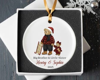 Plaid Bear Sibling Ornament | Personalized Brother and Sister Gift | Custom Family Names | Family Christmas Ornament