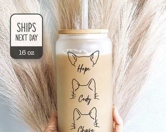 Personalized Dog Ear Coffee Cup With Name - Custom Pet Name Tumbler - Gifts for Her - Puppy Glass Mug