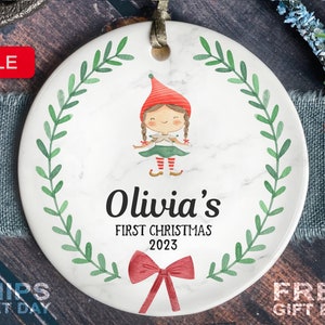 Baby's First Christmas Ornament - Personalized First Christmas Elf Ornament - Custom Baby Name Christmas Ornament - Baby Girl Elf Ornament