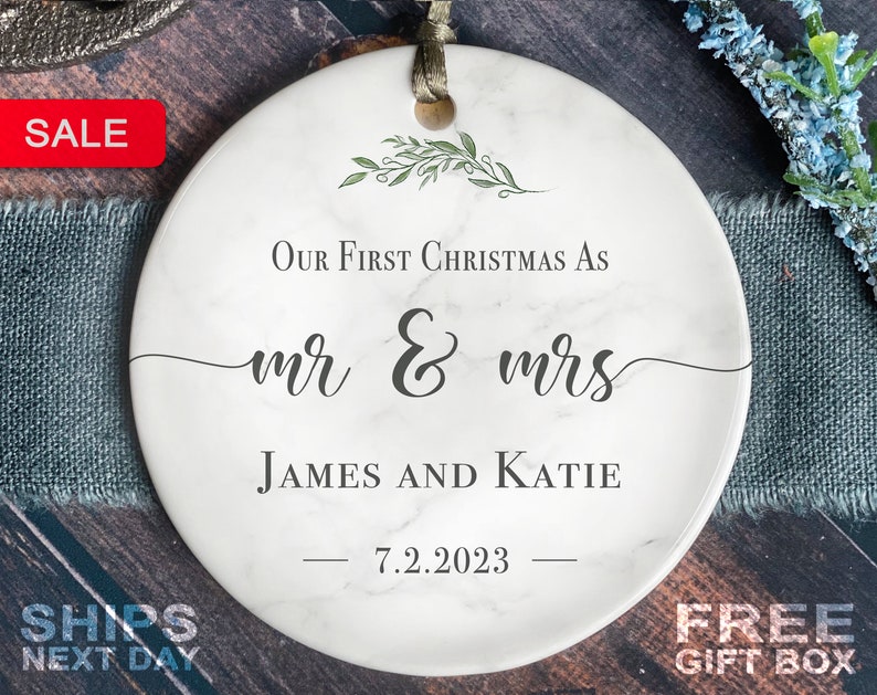 First Christmas Married Ornament - Mr and Mrs Sprig Christmas Ornament - Our First Christmas Married as Mr and Mrs Ornament - Personalized