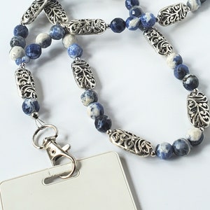 Gorgeous Natural Sodalite Lanyard - Blue, Silver Teacher&#39;s Lanyard - Badge and Key Holder Necklace - Super Luxe, Semi-Precious Stone