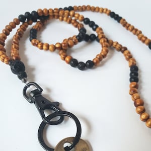Mens or Unisex Natural Wood Lanyard w/ Lava Stone -- Beaded Badge and/or Key Lanyard -- Keychain Necklace