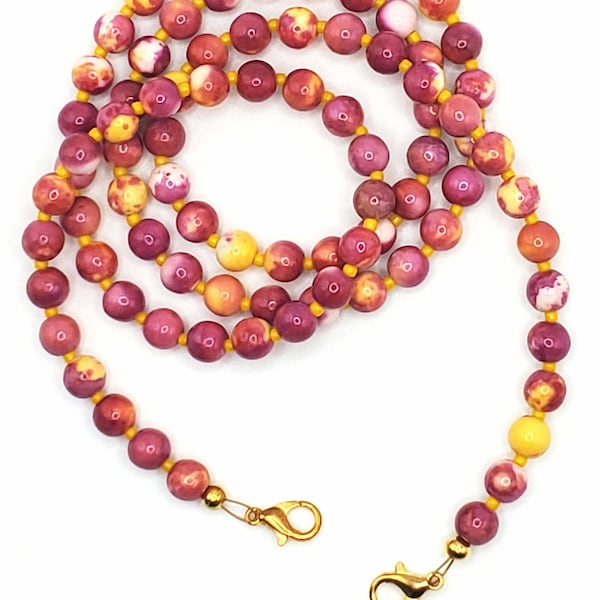 Natural Bright Pink & Yellow Jade Beaded Lanyard - Eyeglass Chain, Mask Holder, or Work Lanyard - 3 Ways to Wear! - Real Jade