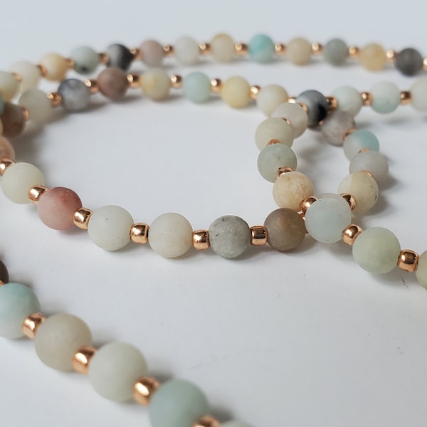 Natural Matte Amazonite & Rose Gold Mask Holder Necklace or Eyeglass Chain - Thin and Light Weight - Glasses or Mask Holder Lanyard
