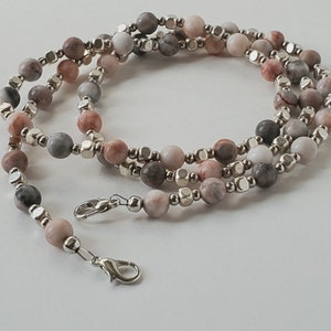 Pink & Grey Agate, Natural Stone Lanyard - Eyeglass Chain, Mask Holder, or Work Lanyard - Beaded Chain for Reading or Sunglasses, Masks, IDs