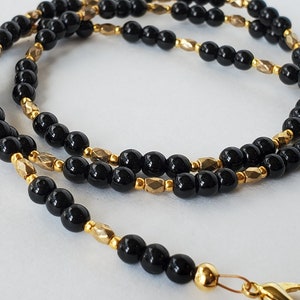Natural Black Jasper - Eyeglass Chain / Mask Holder / Teacher&#39;s Lanyard - 3 Ways to Wear! - Black & Gold Beaded Lanyard