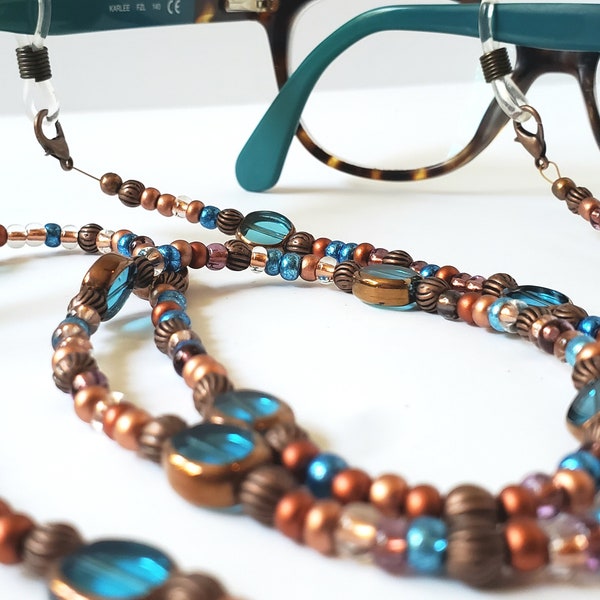 Gorgeous Blue, Copper, Bronze Beaded Lanyard -- 2 Ways to Wear!! -- Eyeglass Chain or Badge Holder -- Super High Quality
