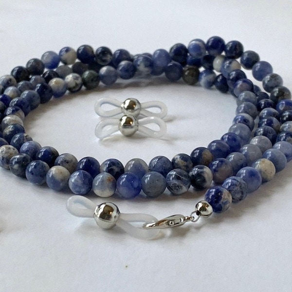 Natural Blue Sodalite Eyeglass Chain - Optional ID Badge Lanyard & Key Ring Attachments - Reading Glasses or Sunglasses Holder