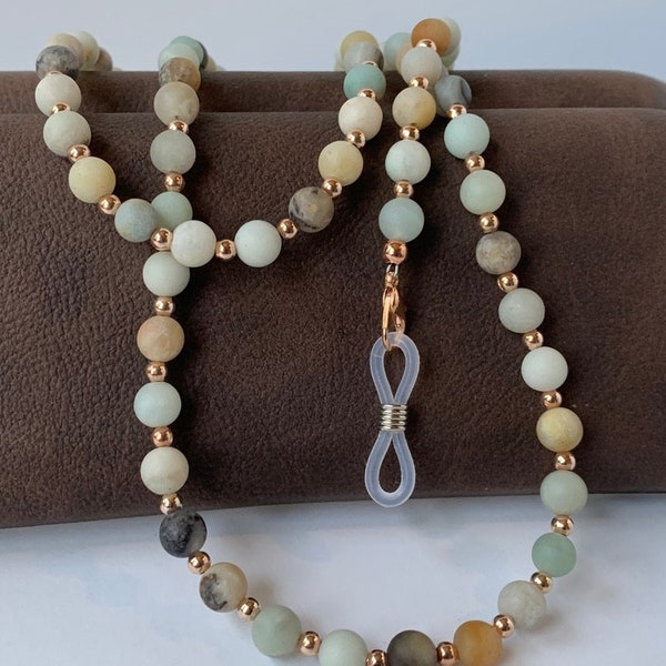 Natural Matte Amazonite & Rose Gold Eyeglass Chain, MASK HOLDER, Beaded Lanyard for Sunglasses or Reading Glasses