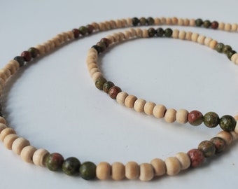 Natural Wood & Unakite Stone Mask Holder or Glasses Chain - Men's or Unisex - Beaded Lanyard for Face Masks or Eyeglasses