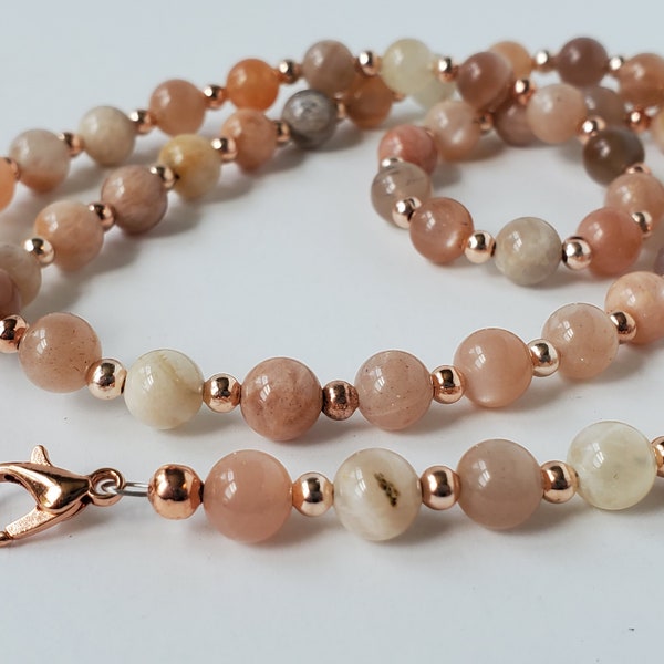 Natural Sunstone & Rose Gold Mask Holder or Eyeglass Chain - Beaded Lanyard for Reading or Sunglasses - Face Mask Necklace