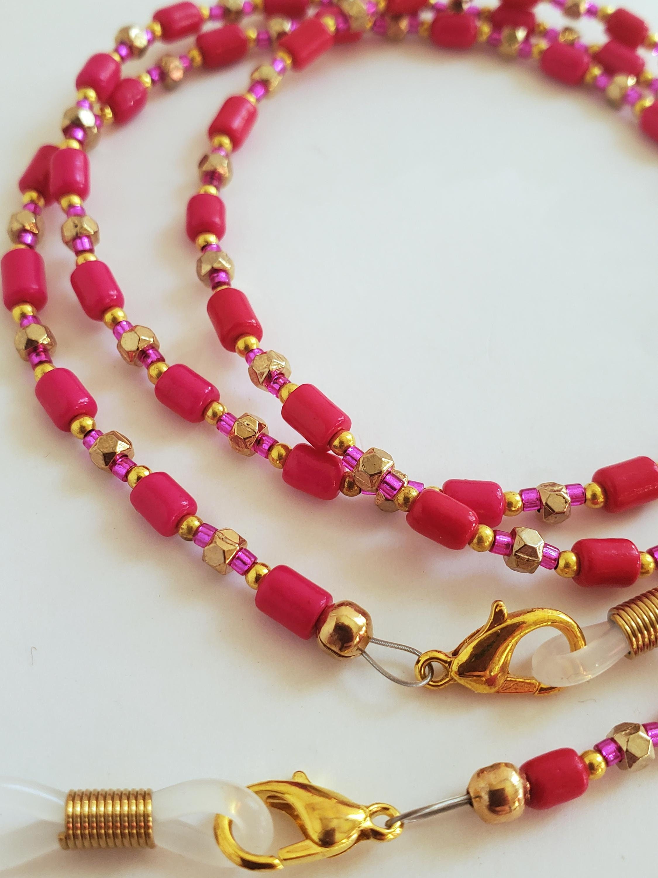 Handmade Eyeglass Chain -- Ultra Thin and Light Weight -- Cute Hot Pink and Gold -- Stylish Beaded Lanyard for Sunglasses or Reading Glasses