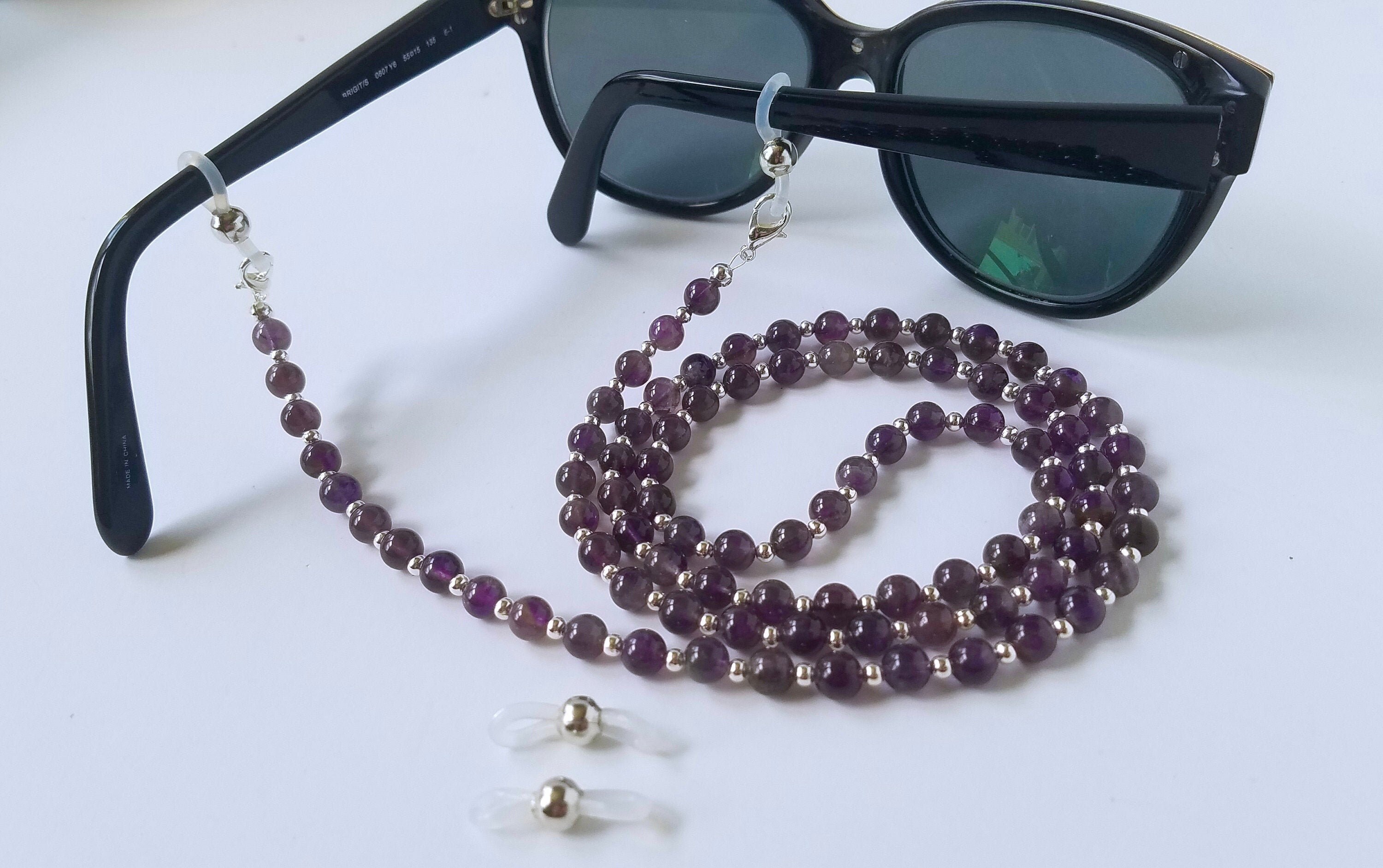 Collana Per Occhiali Pietre Naturali - Agata Ametista Con Fissaggi Sicuri