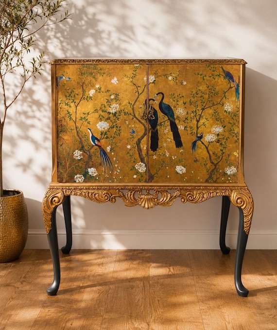 Vintage Small  Peacock Drinks Cabinet | Gold Leaf Chinoiserie Home Bar
