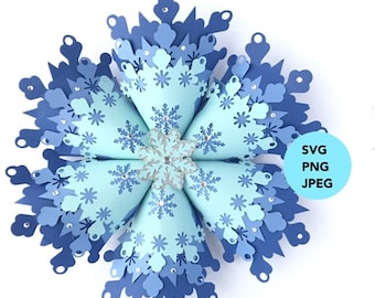 大きな雪の結晶、巨大な雪の結晶、3D 雪の結晶 SVG デジタル ダウンロード可能テンプレート、雪の結晶の紙の花のテンプレート。(SVG、Png、Jpeg)