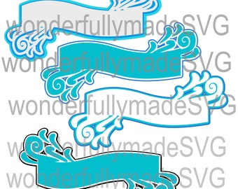 海洋テーマのバナーSVG、レイヤードウォータースプラッシュデザイン、海の波SVG（デジタルダウンロード）