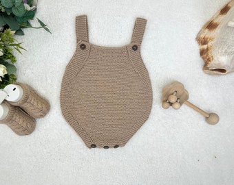 Hand Knit Organic Cotton Baby Romper, New Born Baby Outfit, Infant Crochet Bodysuit, Organic Knitted Baby Booties, Wooden Natural Rattel