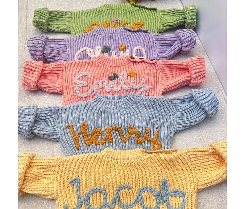 Personalize Name Baby Sweater, Custom Hand Embroidered Toddler Sweater, Knitted Cotton Kids Sweater, Oversized Children Sweater image 1