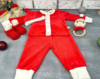 Red Velvet Baby First Christmas Gift Set, Organic Baby Girl Outfit , Handmade Childere Holiday Set,Red Baby Santa Outfit