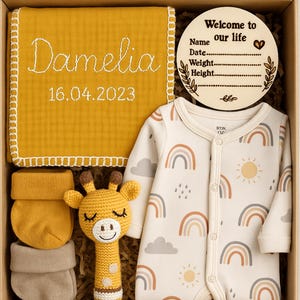 Personalized Baby Gift Set , Natural Cotton New Born Gift, Customized Muslin Baby Blanket, Handmade Baby Girl Set,