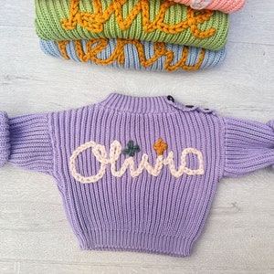 Personalize Name Baby Sweater, Custom Hand Embroidered Toddler Sweater, Knitted Cotton Kids Sweater, Oversized Children Sweater Purple