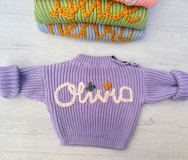 Personalize Name Baby Sweater, Custom Hand Embroidered Toddler Sweater, Knitted Cotton Kids Sweater, Oversized Children Sweater Purple