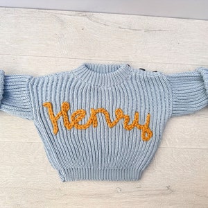 Personalize Name Baby Sweater, Custom Hand Embroidered Toddler Sweater, Knitted Cotton Kids Sweater, Oversized Children Sweater Blue