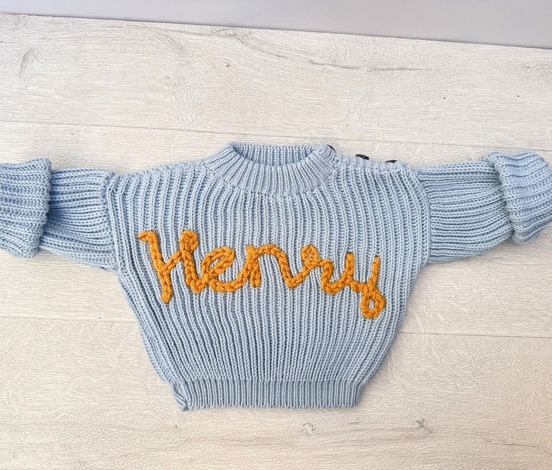 Personalize Name Baby Sweater, Custom Hand Embroidered Toddler Sweater, Knitted Cotton Kids Sweater, Oversized Children Sweater Blue