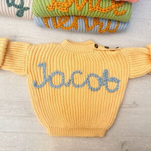 Personalize Name Baby Sweater, Custom Hand Embroidered Toddler Sweater, Knitted Cotton Kids Sweater, Oversized Children Sweater Yellow
