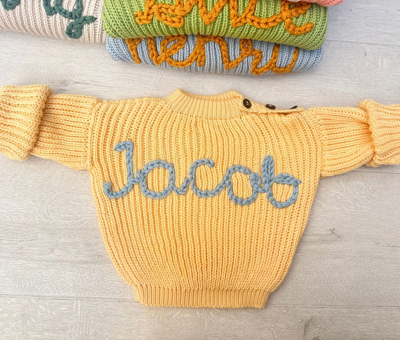 Personalize Name Baby Sweater, Custom Hand Embroidered Toddler Sweater, Knitted Cotton Kids Sweater, Oversized Children Sweater Yellow